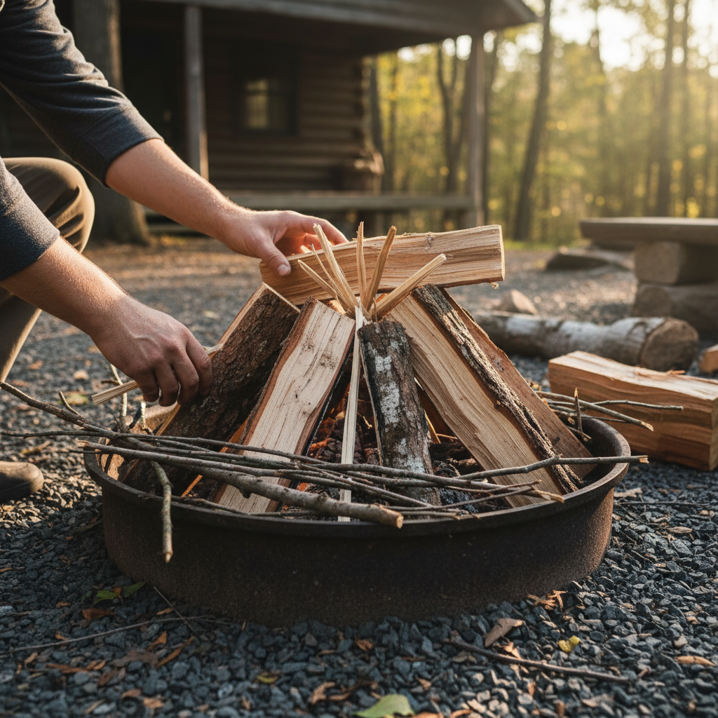 Hands arranging different sizes of firewood in a campfire pi
